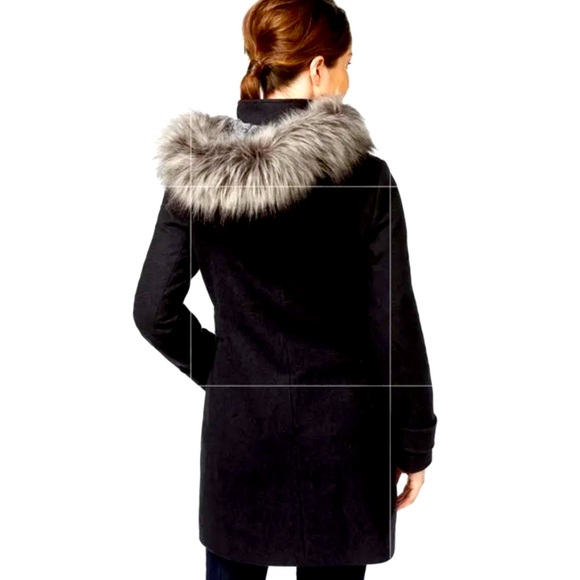 NAUTICA Black WITH GRAY FUR WOOL PARKA TOGGLE TUSK BUTTON PENNY LANE COAT M - Picture 4 of 10
